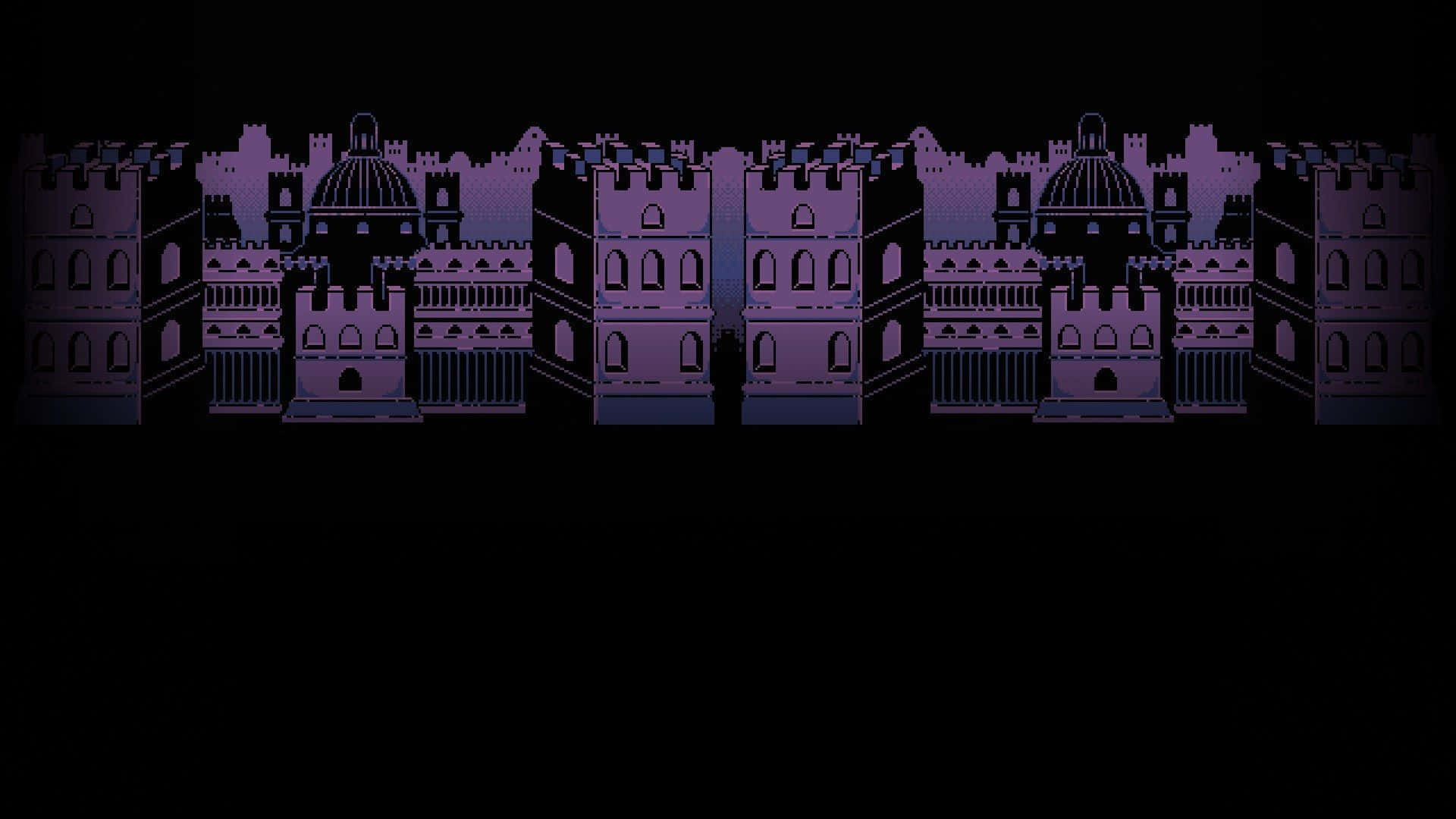 Undertale Desktop 桌布 壁紙 — 像素化的城堡剪影在黑色背景上發出紫色光芒，呈現復古電子遊戲風格。