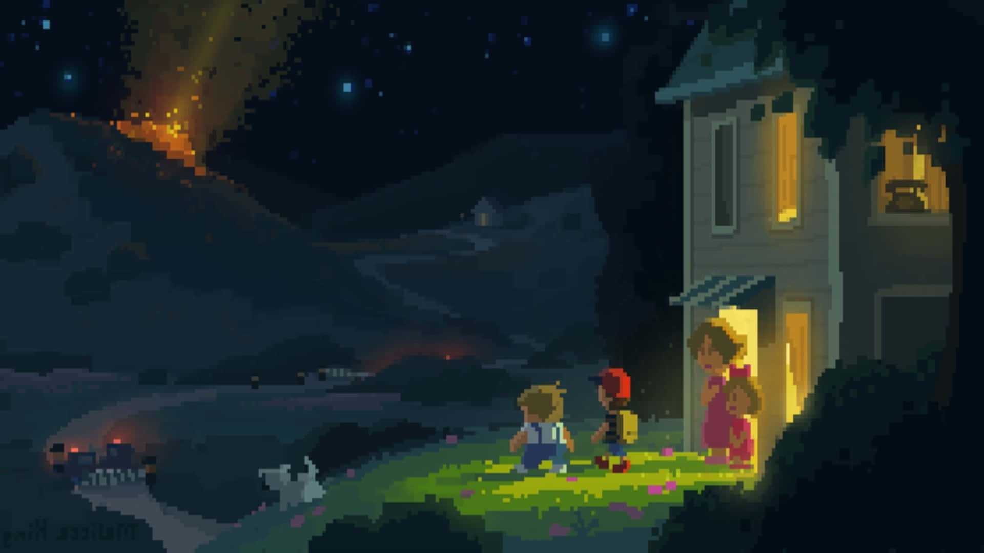 Minimalist Retro 桌布 壁紙 — 像素化的孩子們在夜晚站在溫暖照亮的房子外，遠處的火山在星空下噴發。
