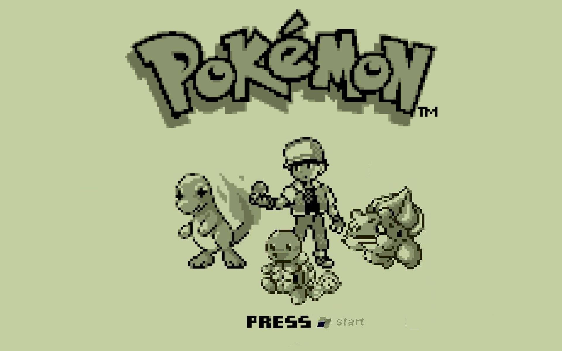 Squirtle 桌布 壁紙 — 像素化的寶可夢標題畫面，有一個訓練家和三隻初始寶可夢，背景是淡綠色。