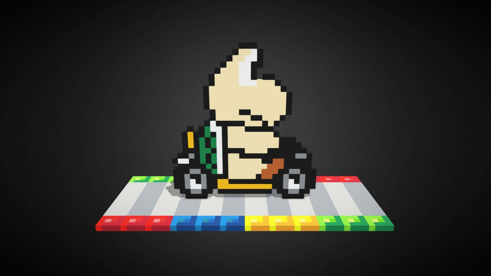 Koopa Troopa 桌布 壁紙 — 像素化的庫巴龜在黑暗背景的彩虹賽道上駕駛小型賽車。