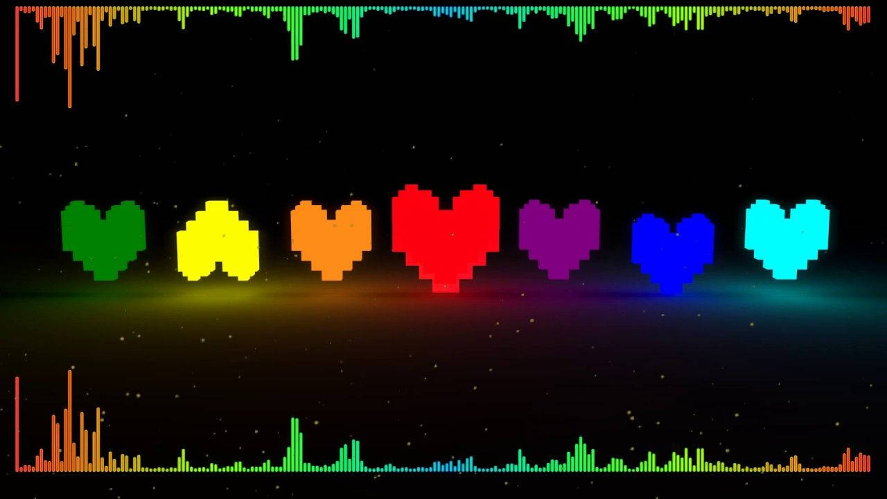 Undertale 桌布 壁紙 — 像素化的彩虹心形在星光點點的黑色背景上發光，並由彩色音頻波形框住。