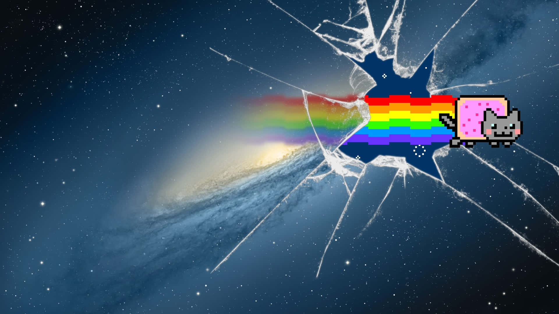 Nyan Cat 桌布 壁紙 — 像素化的彩虹貓帶著彩虹軌跡，穿過螺旋星系上的裂紋玻璃效果。