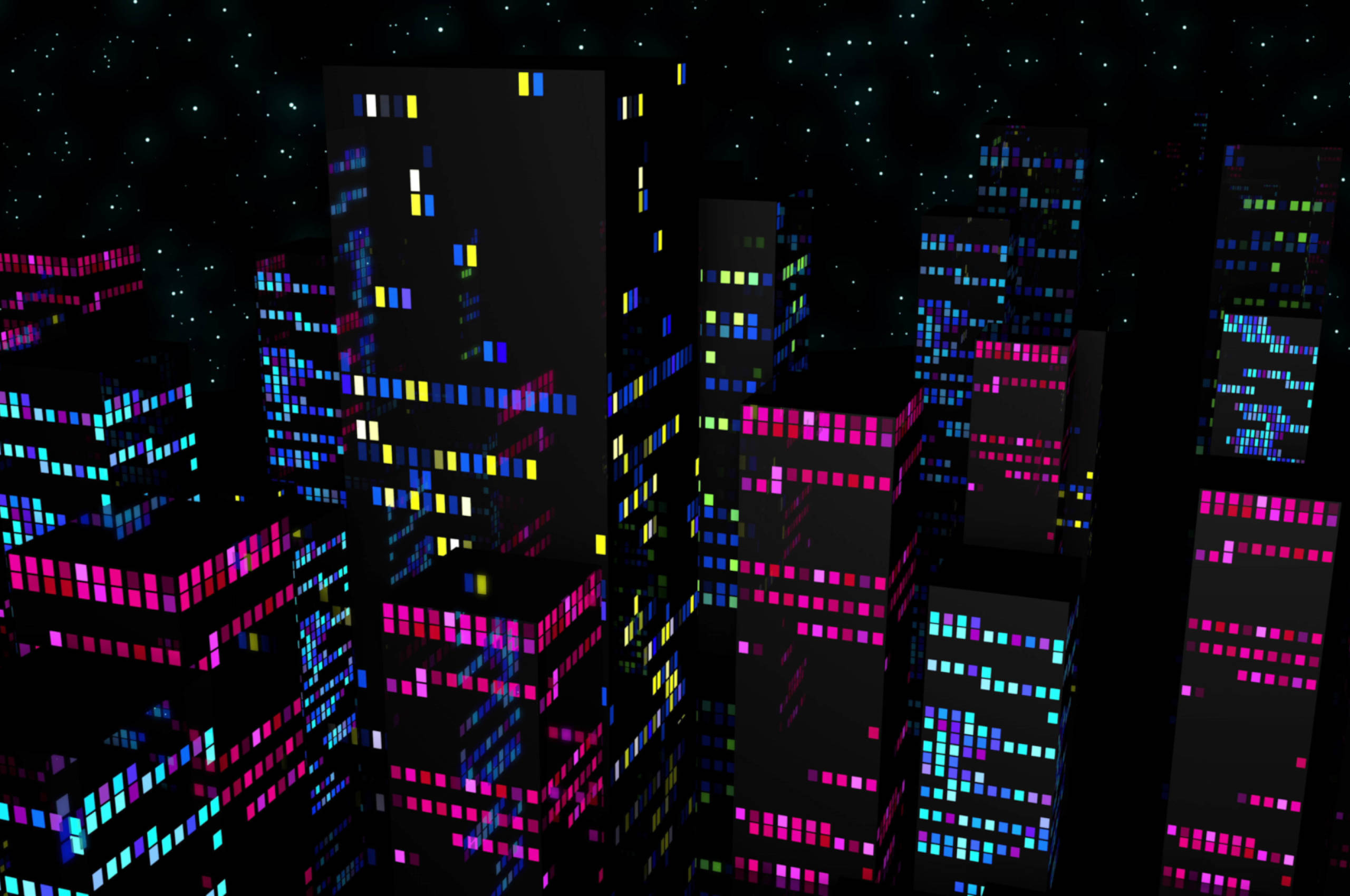 Skyscraper 桌布 壁紙 — 像素化的摩天大樓在星空下閃爍著霓虹燈光，呈現出未來數位城市景觀。