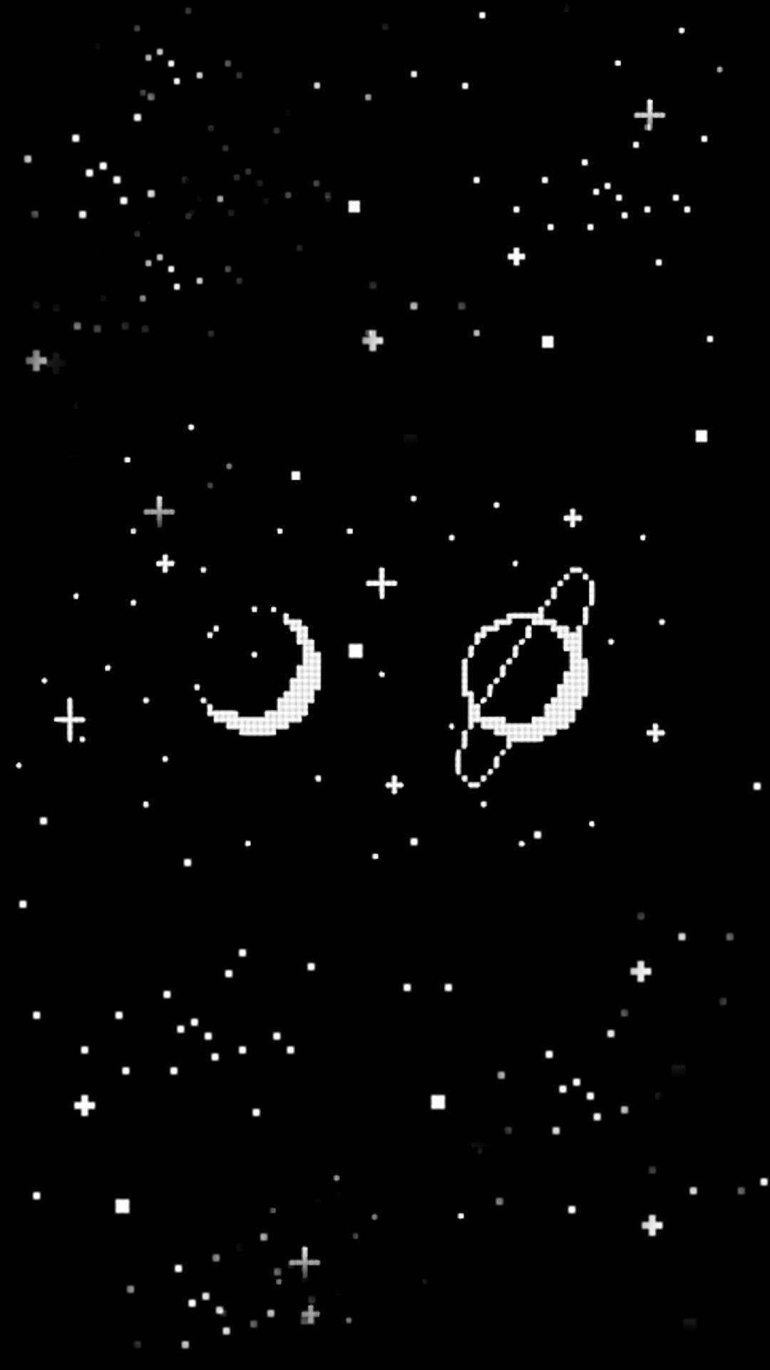 土星 桌布 壁紙 — 像素化的月亮和帶環的行星在星星之間漂浮，構成極簡的黑白宇宙場景。