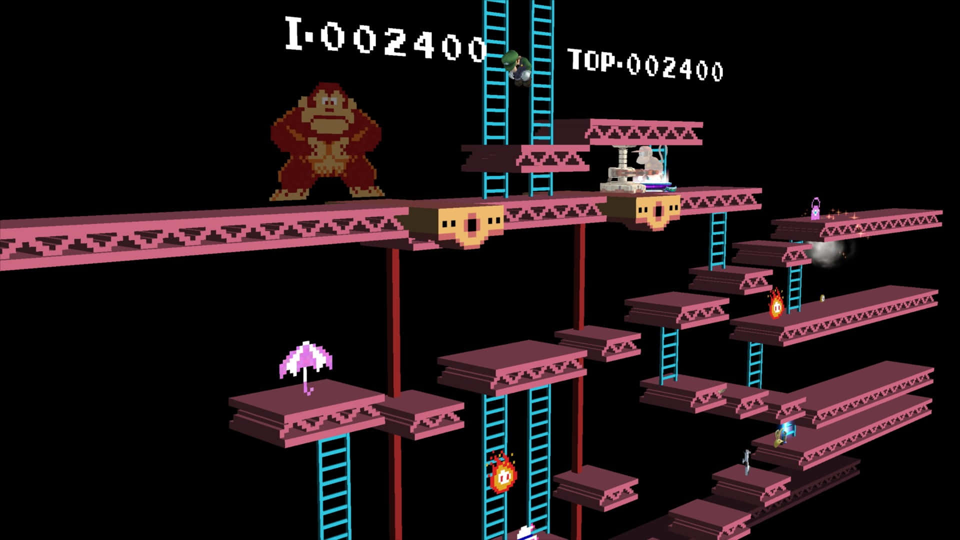 game 桌布 壁紙 — 像素化的森喜剛站在一個經典8位元電玩關卡的粉紅色平台上，有梯子和敵人。