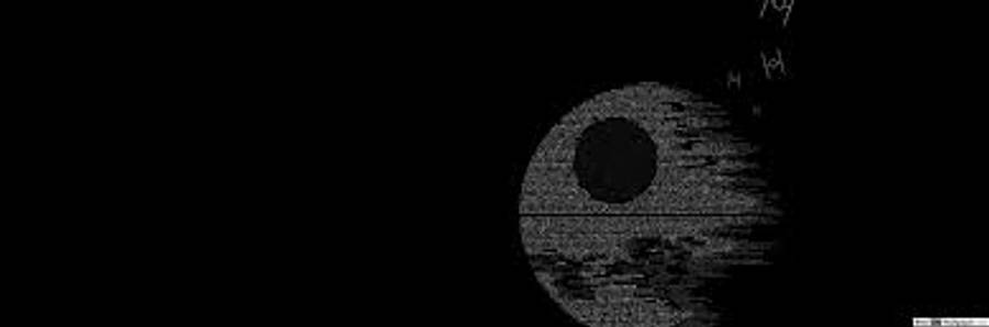 Screen 桌布 壁紙 — 像素化的死星在黑暗中隱現，附近有微弱的星場和漂浮的文字碎片。