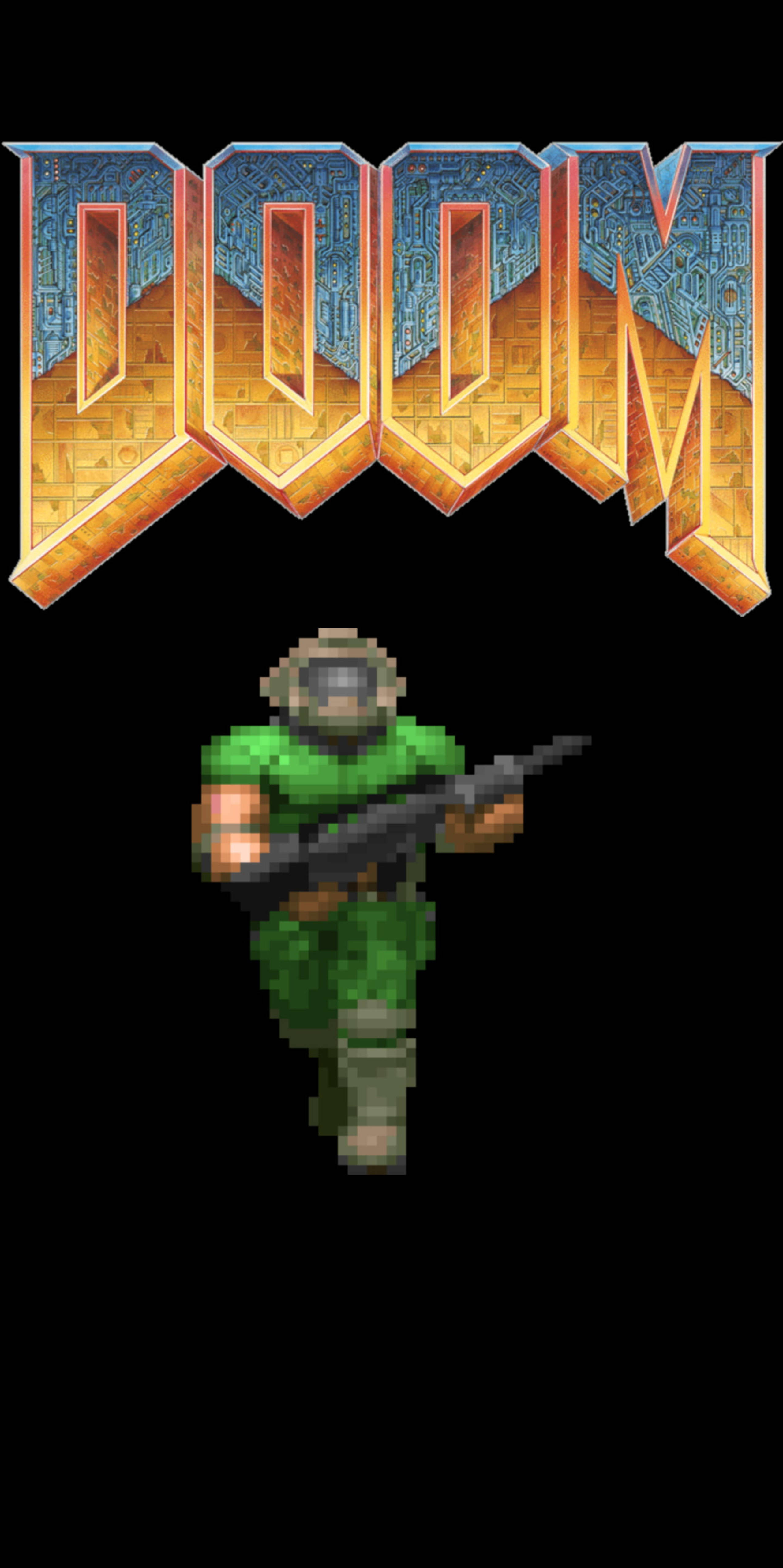 Doomguy 桌布 壁紙 — 像素化的毀滅戰士身穿綠色盔甲，在帶有電路和火焰紋理的標誌性毀滅戰士標誌下手持武器。