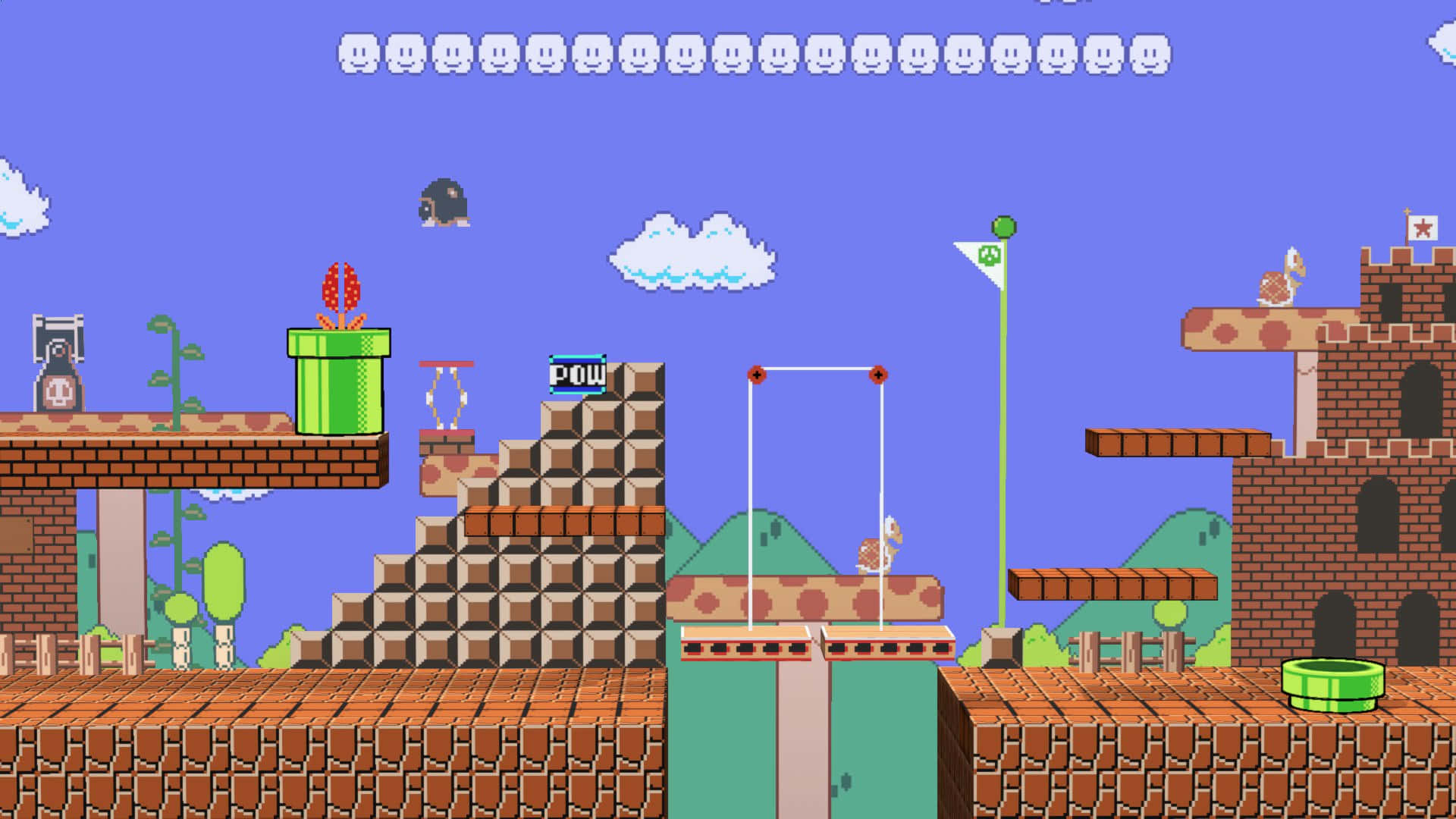 Mushroom Kingdom 桌布 壁紙 — 像素化的瑪利歐平台場景，有磚塊關卡、綠色水管和城堡，在藍天白雲之下。