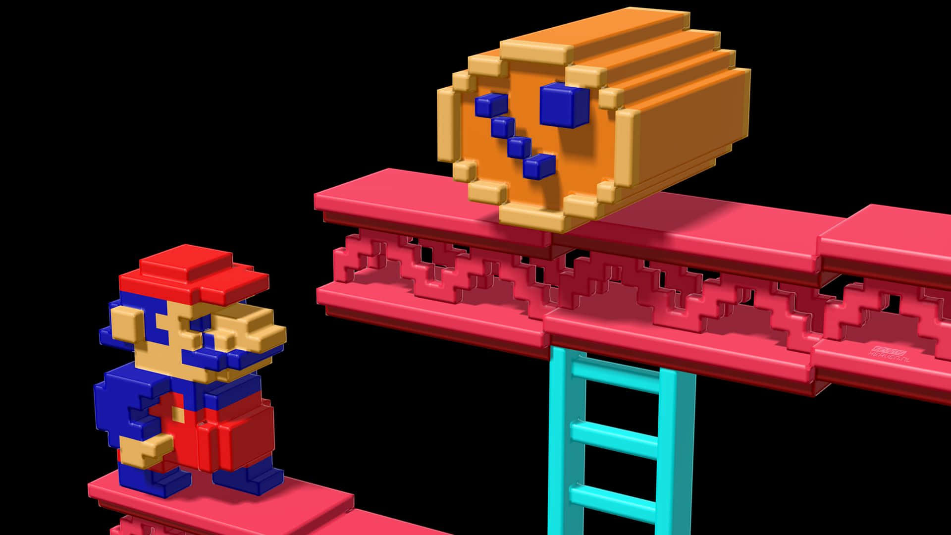 Pixel Game 桌布 壁紙 — 像素化的瑪利歐站在紅色平台上，面對著像素化橋上的庫巴，橋上有青綠色梯子，背景為黑色。
