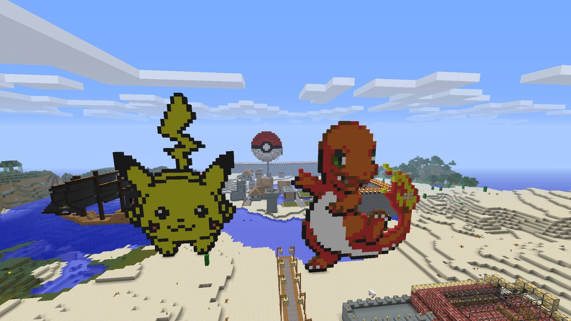 皮卡丘和火恐龍以Minecraft像素藝術風格出現在村莊附近的海灘上。