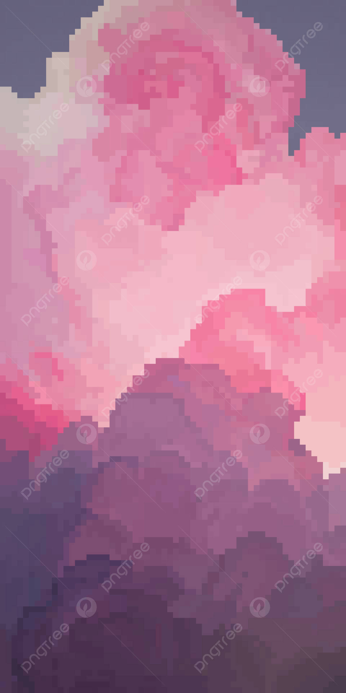 Clouds Phone 桌布 壁紙 — 像素化的粉紅色和紫色雲朵在夢幻般的數位天空中飄過山脈。