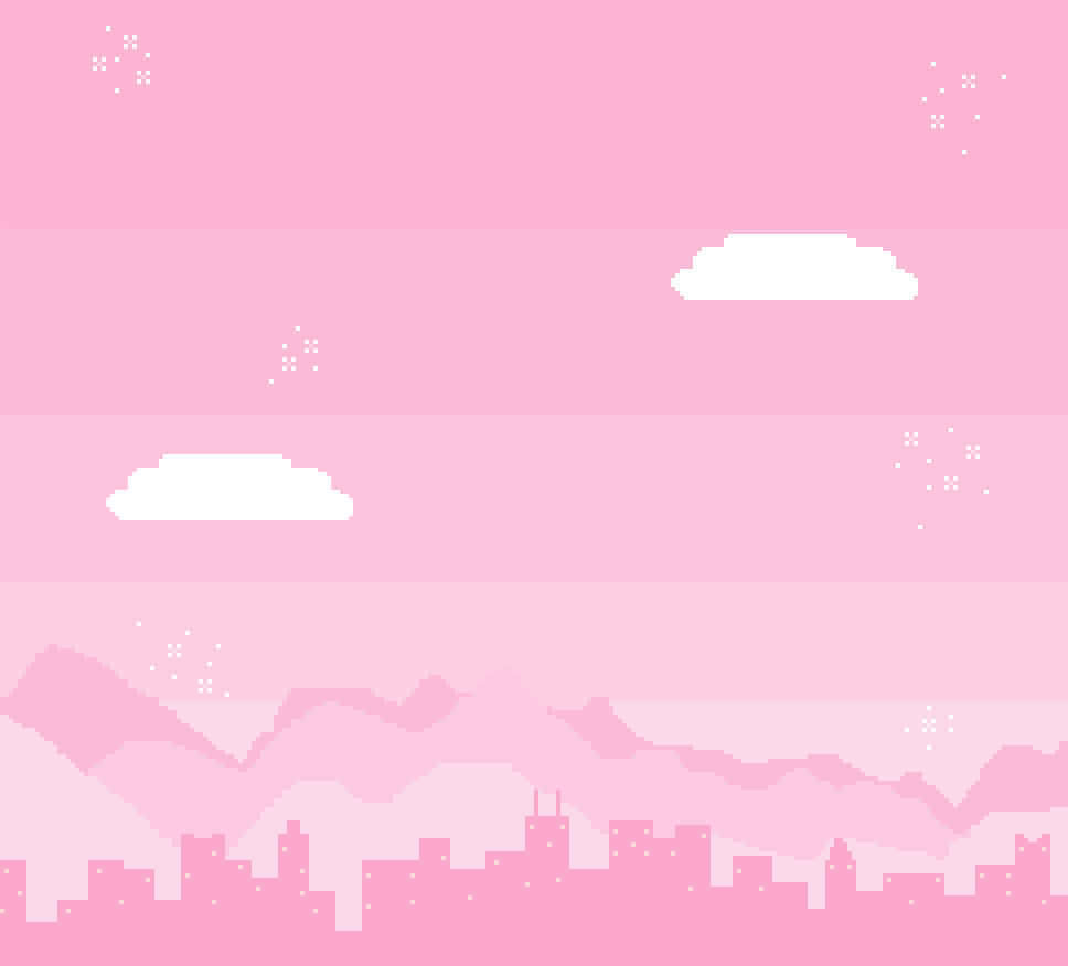 Aesthetic Pixel 桌布 壁紙 — 像素化的粉紅色天空，帶有白雲和星星，位於風格化的城市和山脈剪影之上。