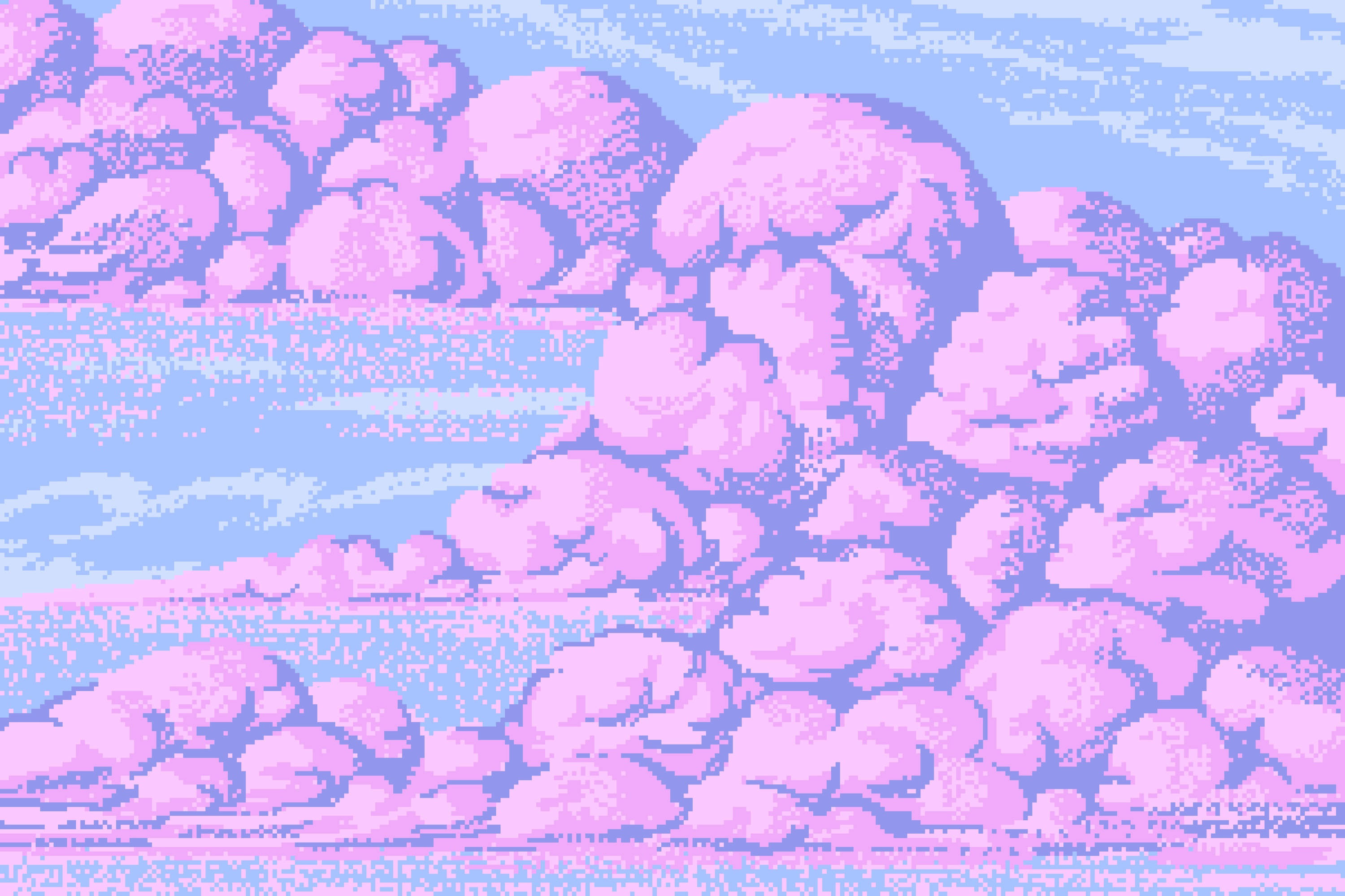 cute aesthetic pc 桌布 壁紙 — 像素化的粉紅雲朵在柔和的藍天中漂浮，呈現懷舊的8位元數位藝術風格。