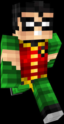 Minecraft Skins 桌布 壁紙 — 像素化的羅賓超級英雄角色，身穿經典紅、黃、綠色服裝，以方塊狀的Minecraft風格站立。