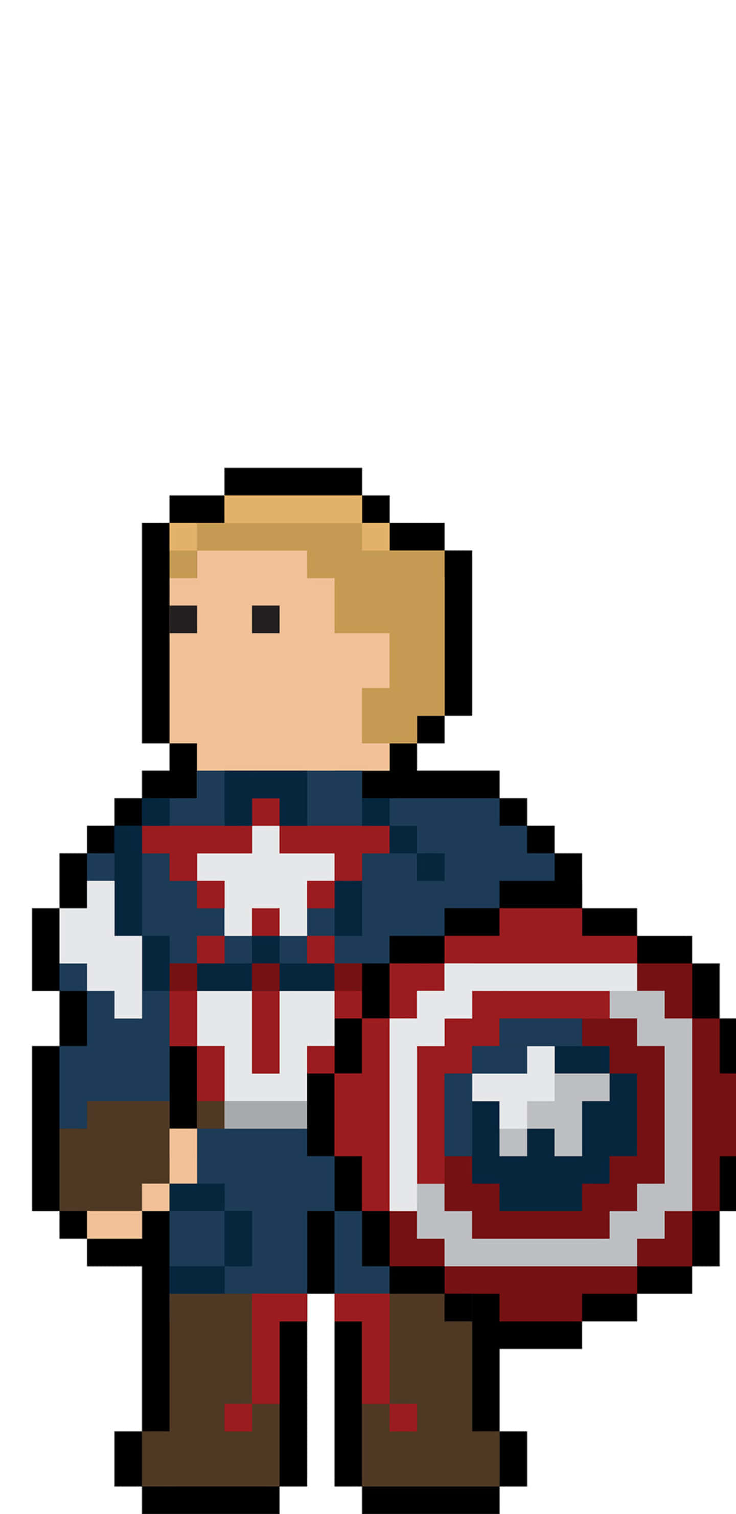 Pixel 3xl Captain America 桌布 壁紙 — 像素化的美國隊長站在純白色背景前，手持其標誌性的紅白藍盾牌。