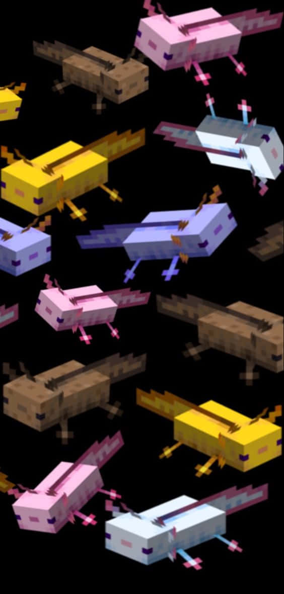 桌布 壁紙 — 像素化的蠑螈以鮮豔色彩漂浮在黑色背景上，呈現Minecraft風格的數位藝術。