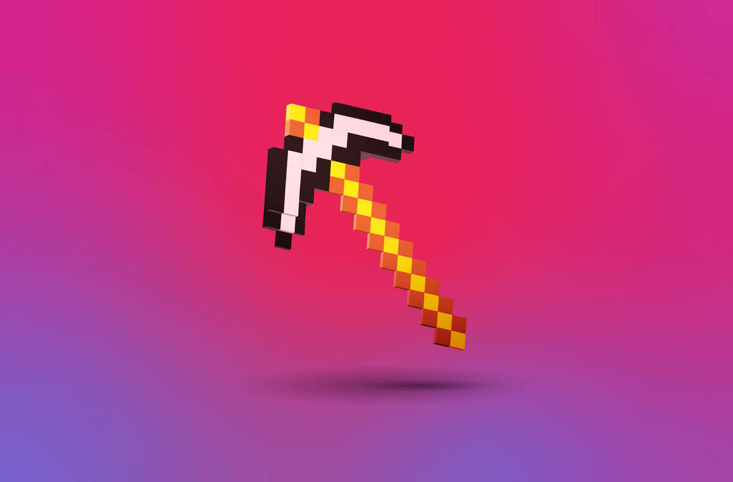 Minecraft Mods 桌布 壁紙 — 像素化的金色鎬子漂浮在充滿活力的粉紅和紫色漸變背景上。