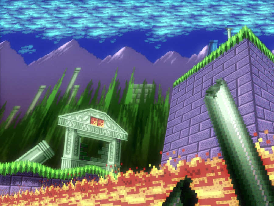 Sonic Marble Zone 桌布 壁紙 — 像素化的電子遊戲場景，有熾熱的熔岩、紫色的磚結構，以及遠處在藍天下的雪山。