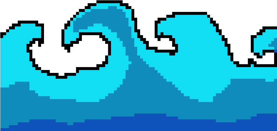 Water Waves 桌布 壁紙 — 像素化的青綠色波浪在黑色背景上拍打，形成風格化的數位海洋場景。