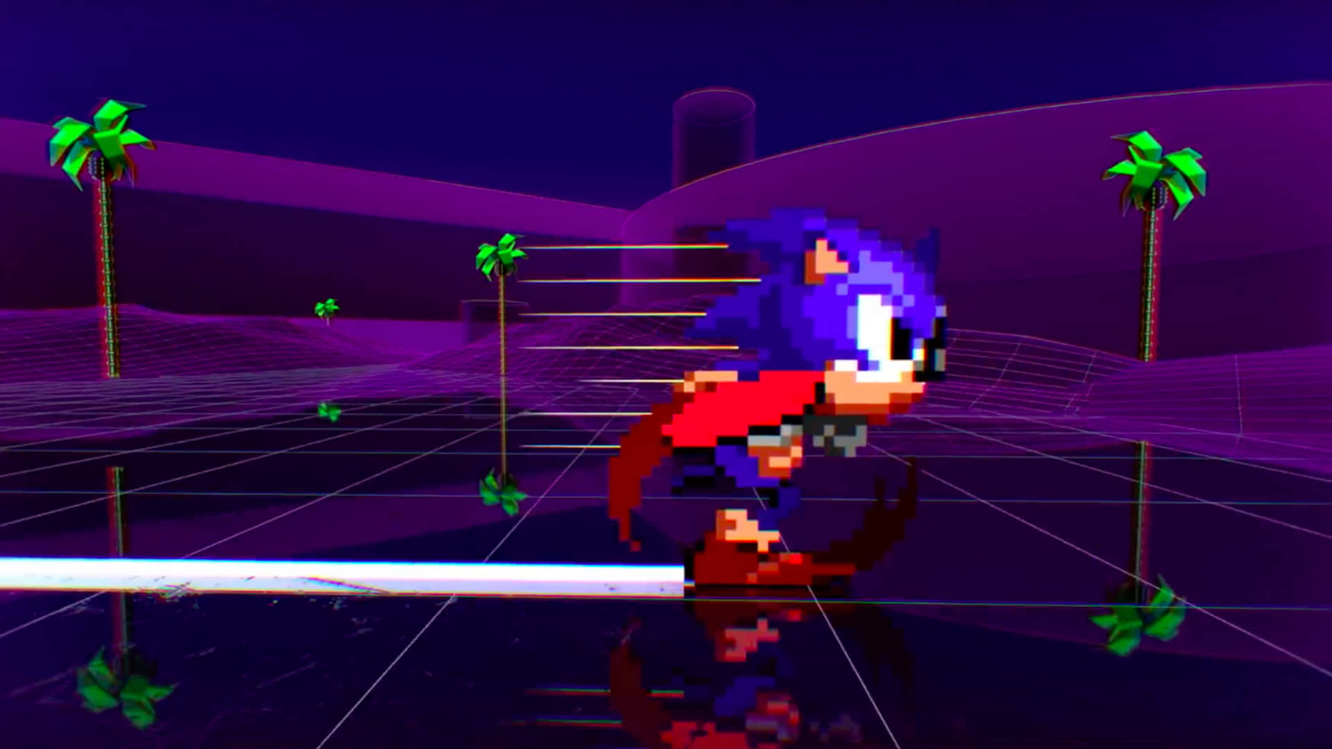 Classic Sonic 桌布 壁紙 — 像素化的音速小子在黑暗天空下的霓虹紫色網格景觀中與棕櫚樹一起疾馳。