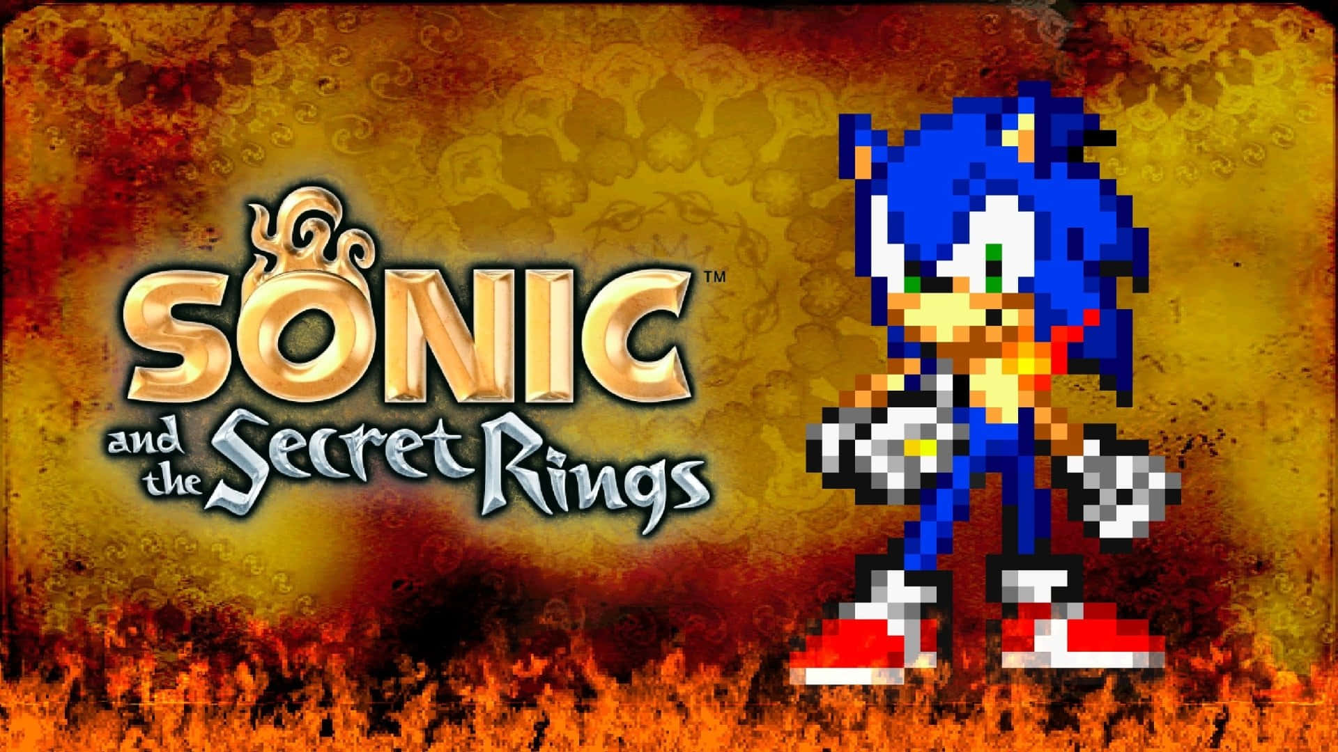 Sonic And The Secret Rings 桌布 壁紙 — 像素化的音速小子英雄般地站在遊戲標題旁邊，背景是火焰紋理。