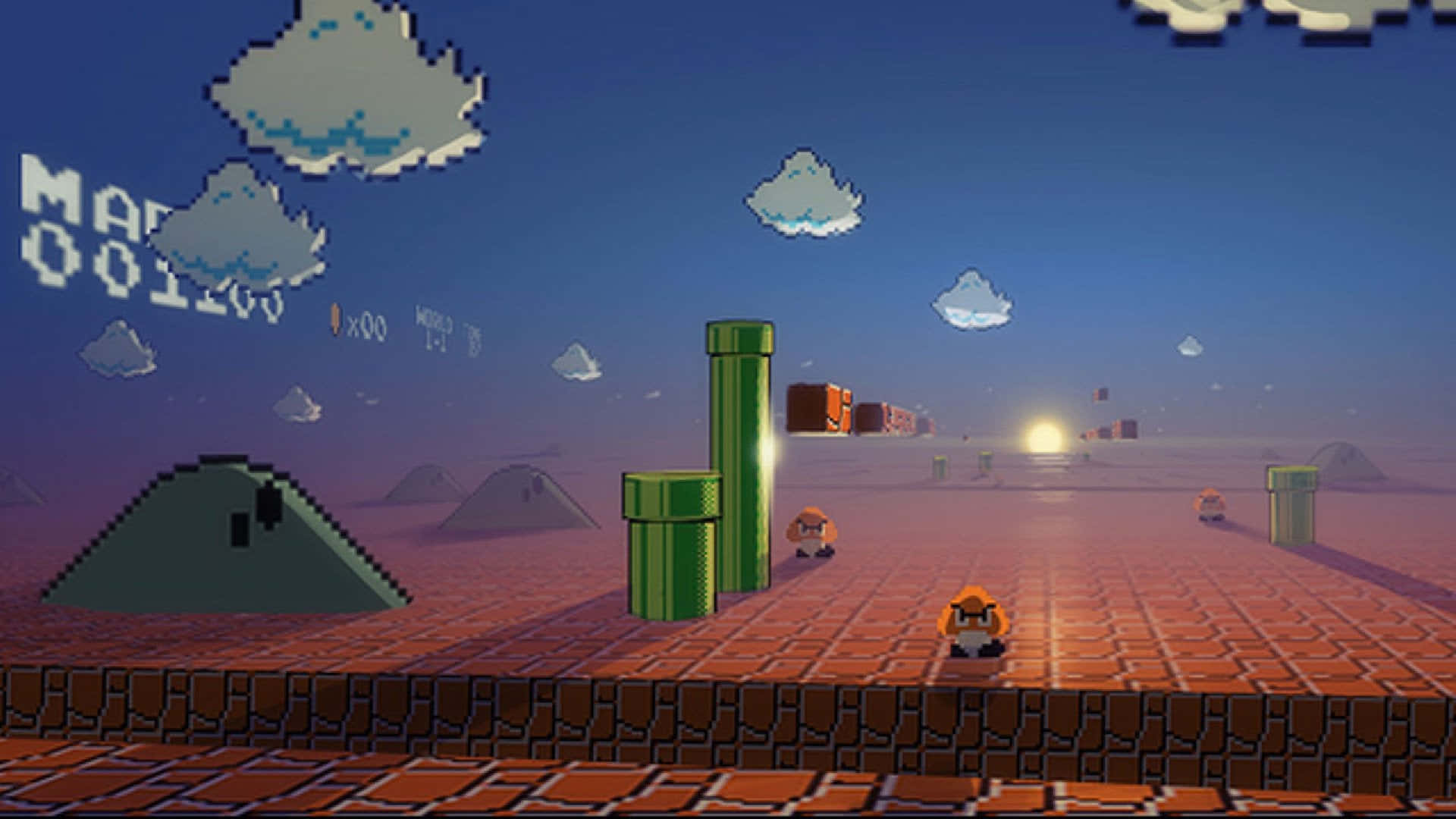 Mushroom Kingdom 桌布 壁紙 — 像素化的馬力歐站在磚塊平台上，身處沙漠景觀，有綠色管道和浮雲，背景是暮色天空。