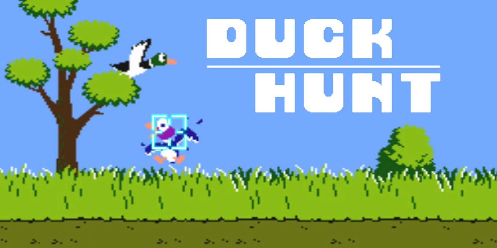 Hunt 桌布 壁紙 — 像素化的鴨獵人瞄準飛行的鴨子，在經典復古遊戲場景中，有樹和草。