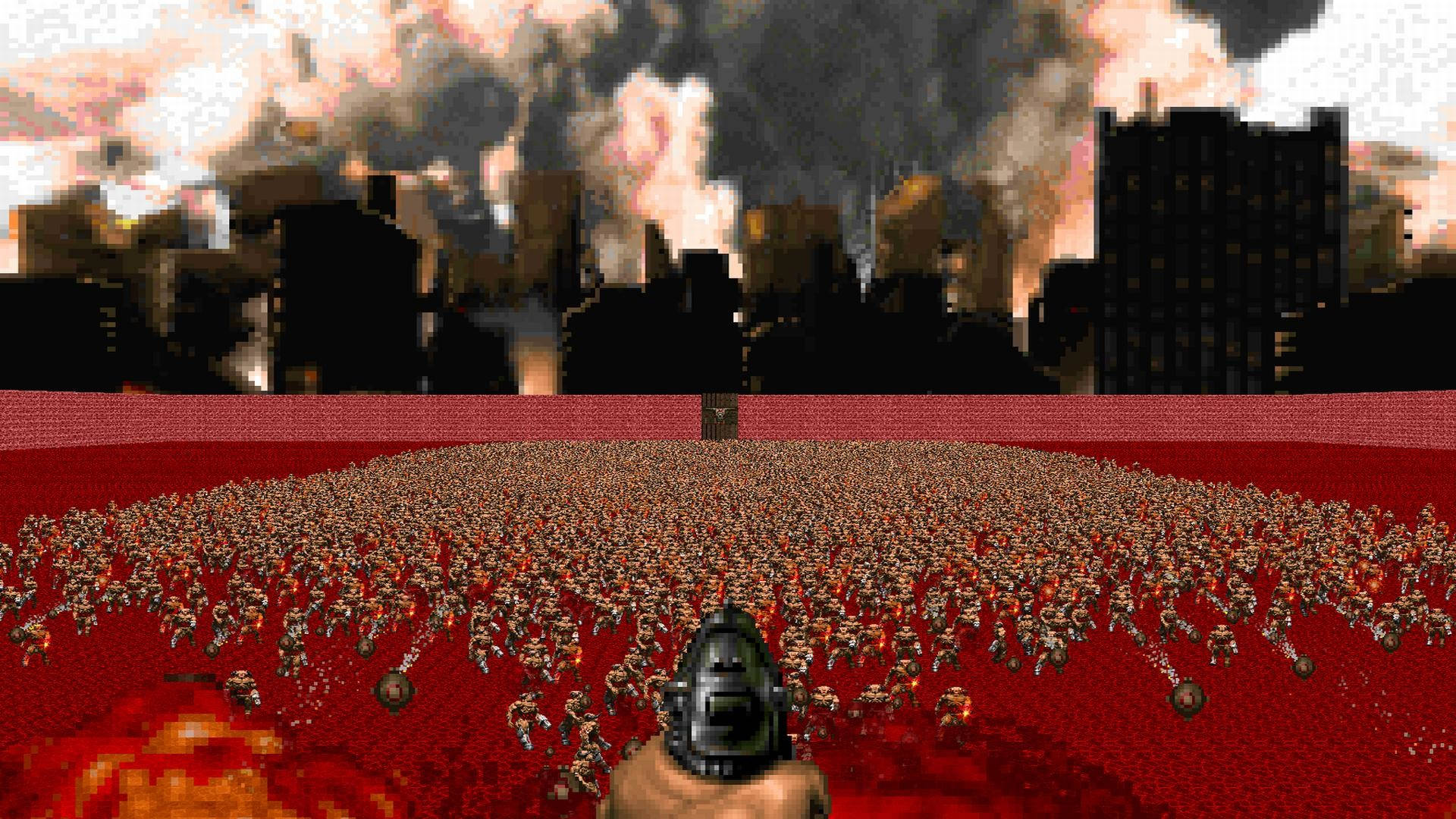 doom HD 桌布 壁紙 — 像素化第一人稱射擊視角，面對紅色戰場上如海般的敵人，遠方有燃燒的城市天際線。