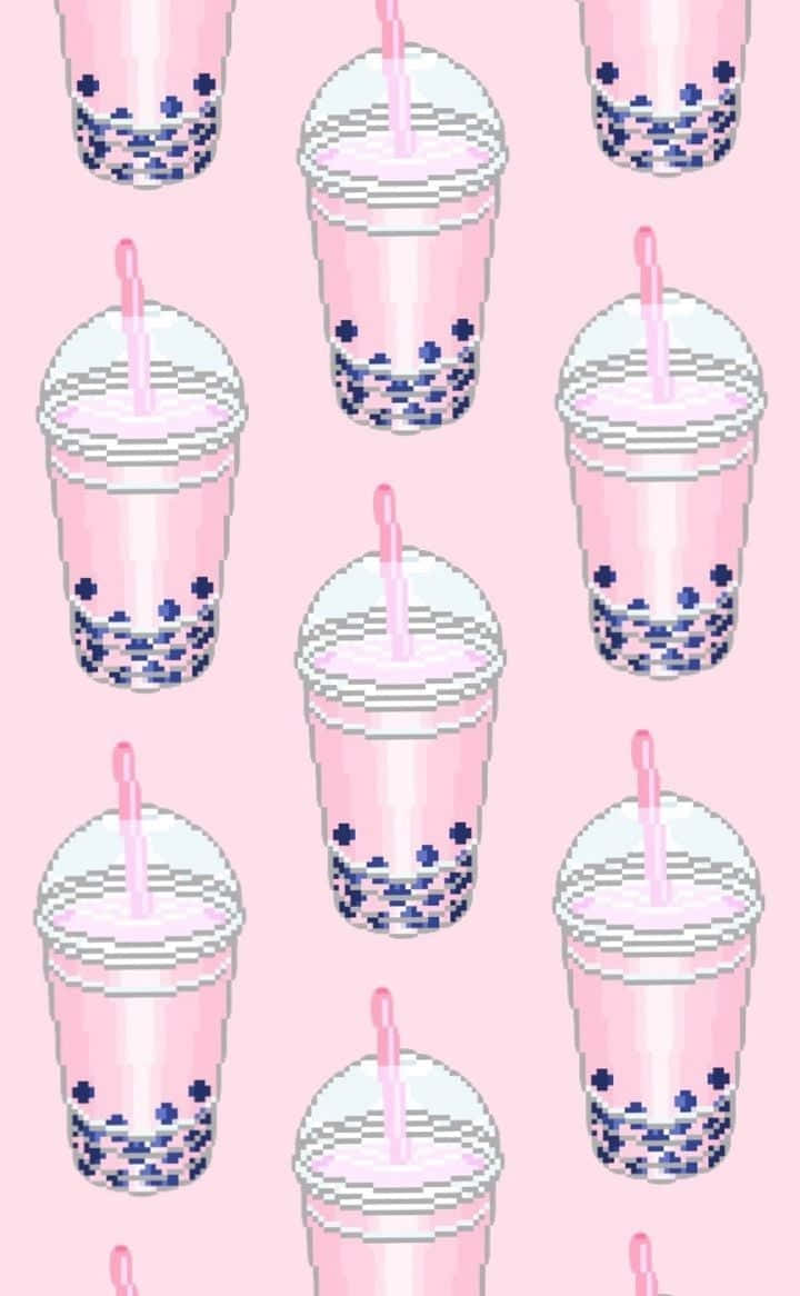 Boba 桌布 壁紙 — 像素化粉紅色珍珠奶茶杯，藍色木薯珍珠以重複圖案排列在柔和粉紅色背景上。