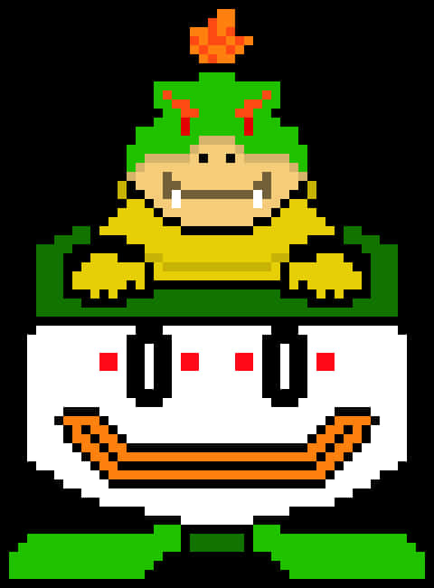 bowser 桌布 壁紙 — 像素化綠色烏龜角色，戴著橙色火焰帽，在帶有橙色微笑的白色杯子上露出燦爛的笑容。