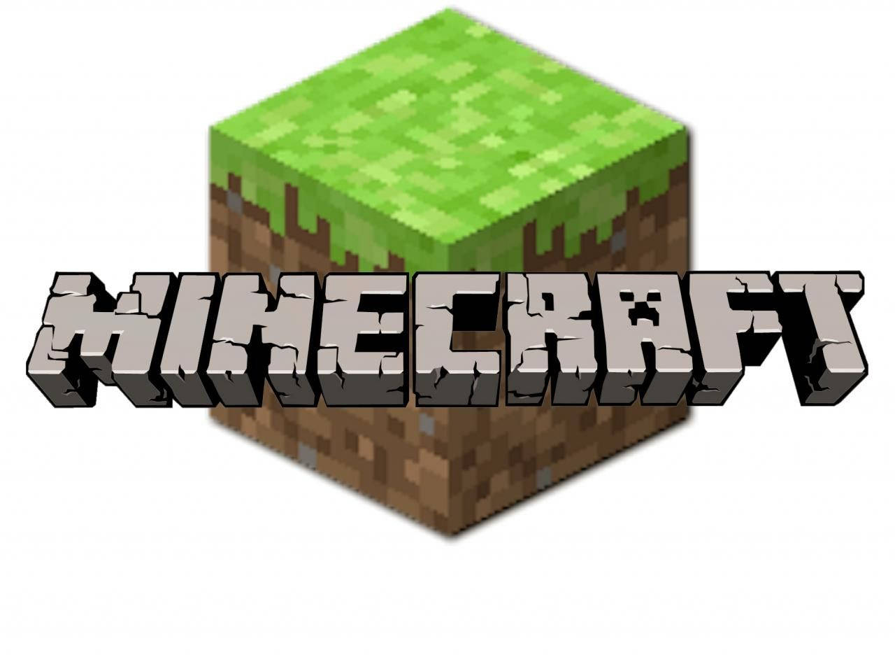 Minecraft Logo 桌布 壁紙 — 像素化綠色草方塊，棕色泥土底座，粗體方塊字體的Minecraft標誌。