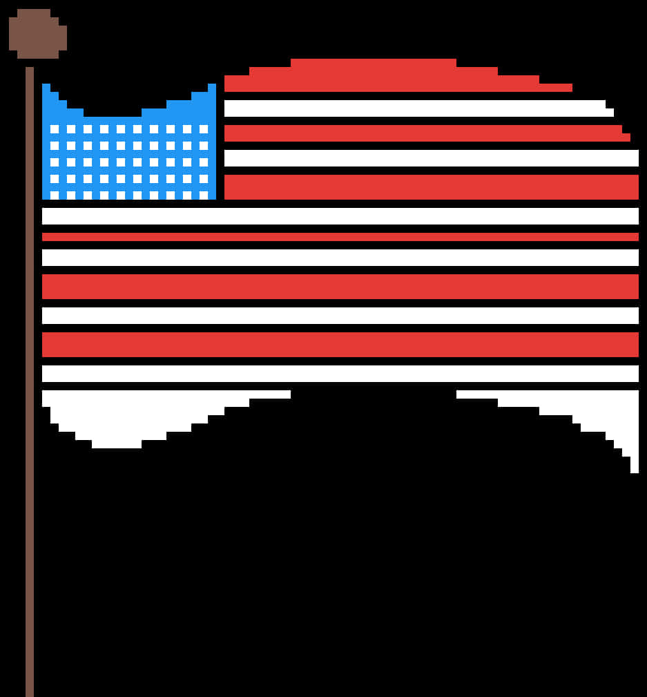 USA Flag 桌布 壁紙 — 像素化美國國旗在旗杆上，邊緣呈鋸齒狀，在黑色背景上飄揚。