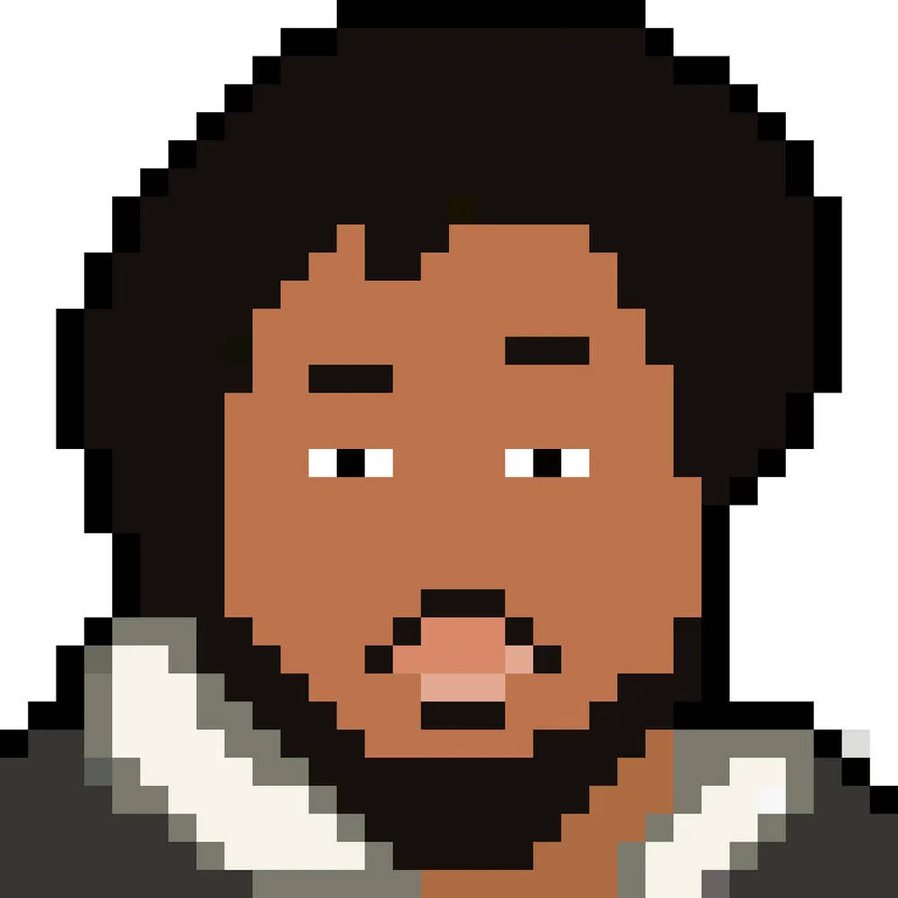 Coryxkenshin 桌布 壁紙 — 像素化肖像，人物擁有深色非洲髮型，表情中性，背景為白色。