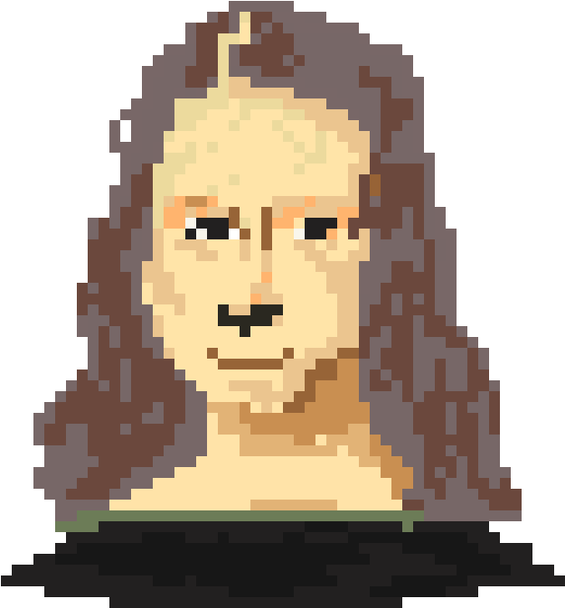 Mona 桌布 壁紙 — 像素化肖像，人物長棕色頭髮，中性表情，黑色背景。
