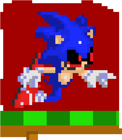 Sonic Exe 桌布 壁紙 — 像素化藍色刺蝟索尼克在純紅色背景和綠色地面上動態奔跑。