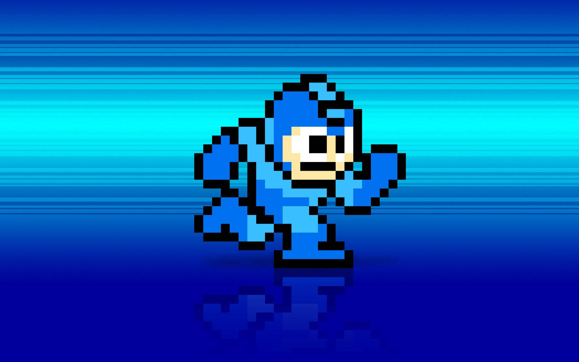 Megaman 桌布 壁紙 — 像素化藍色機器人英雄自信地站在帶有動態模糊條紋的漸變藍色背景前。