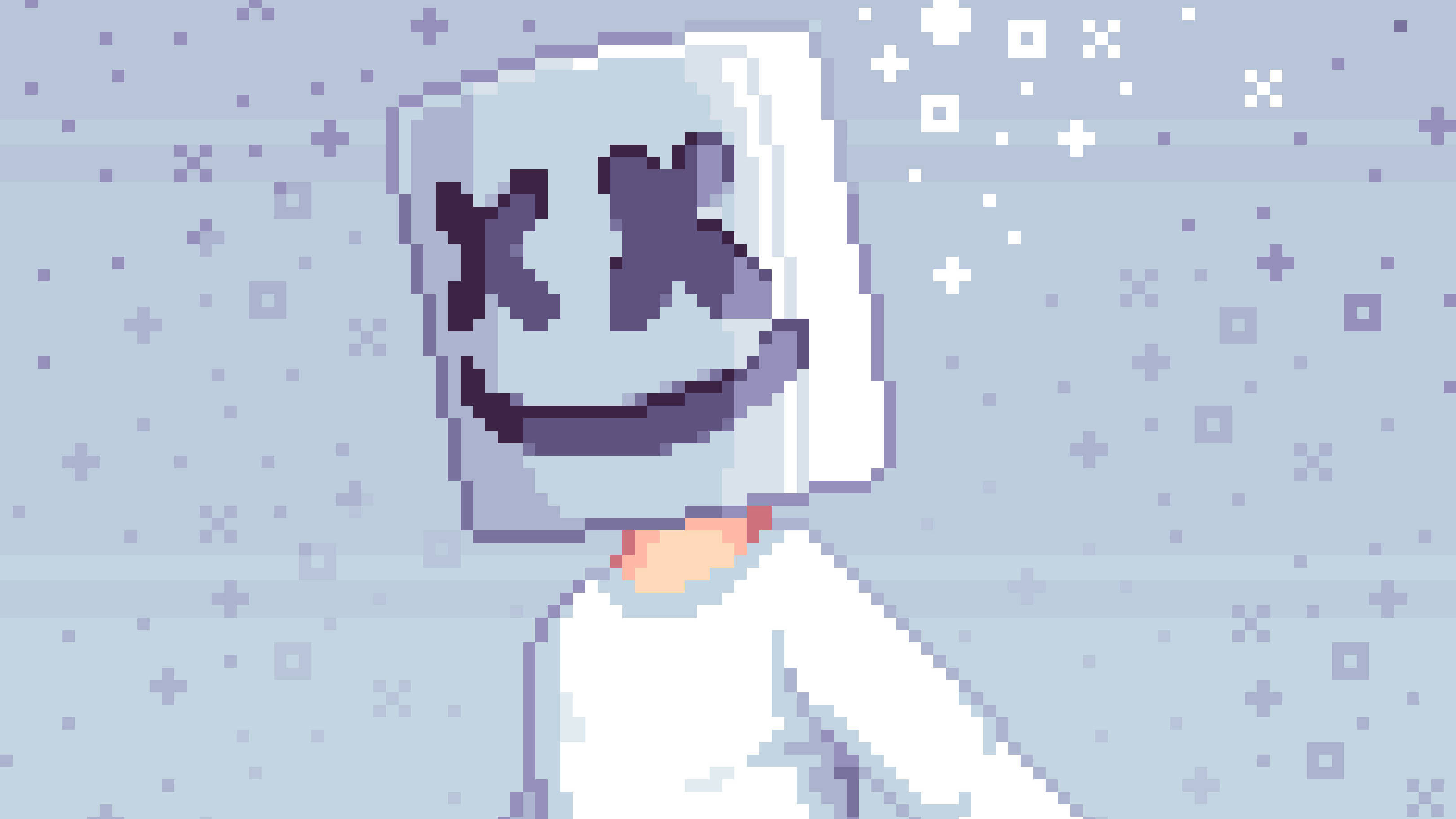 Marshmello 4K 桌布 壁紙 — 像素化角色，X形眼睛和微笑，背景為淺藍色，帶有浮動形狀。