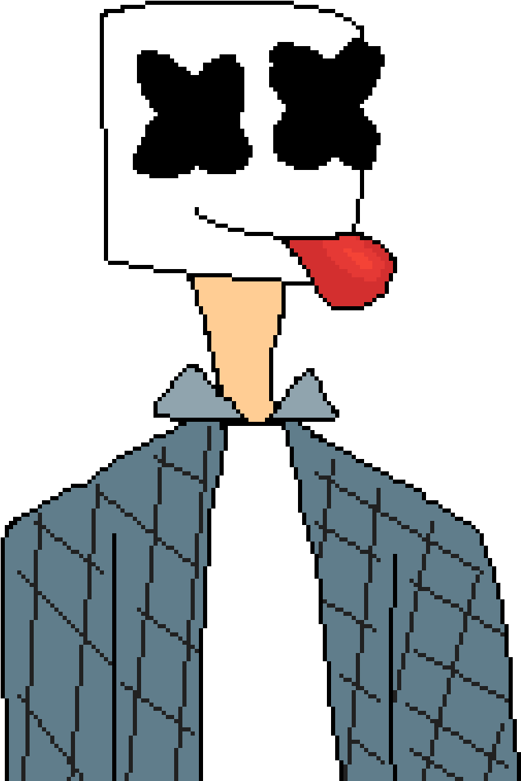 Marshmello 動態圖 桌布 壁紙 — 像素化角色，戴白色面具，黑色X眼睛，紅色舌頭伸出，身穿藍色格紋外套。