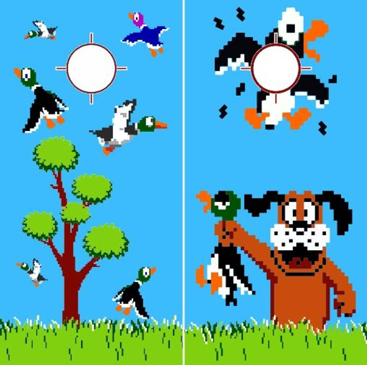 Hunt 桌布 壁紙 — 像素化遊戲場景，有鴨子在樹周圍飛翔，一隻狗在藍天下草地上叼著一隻鴨子。