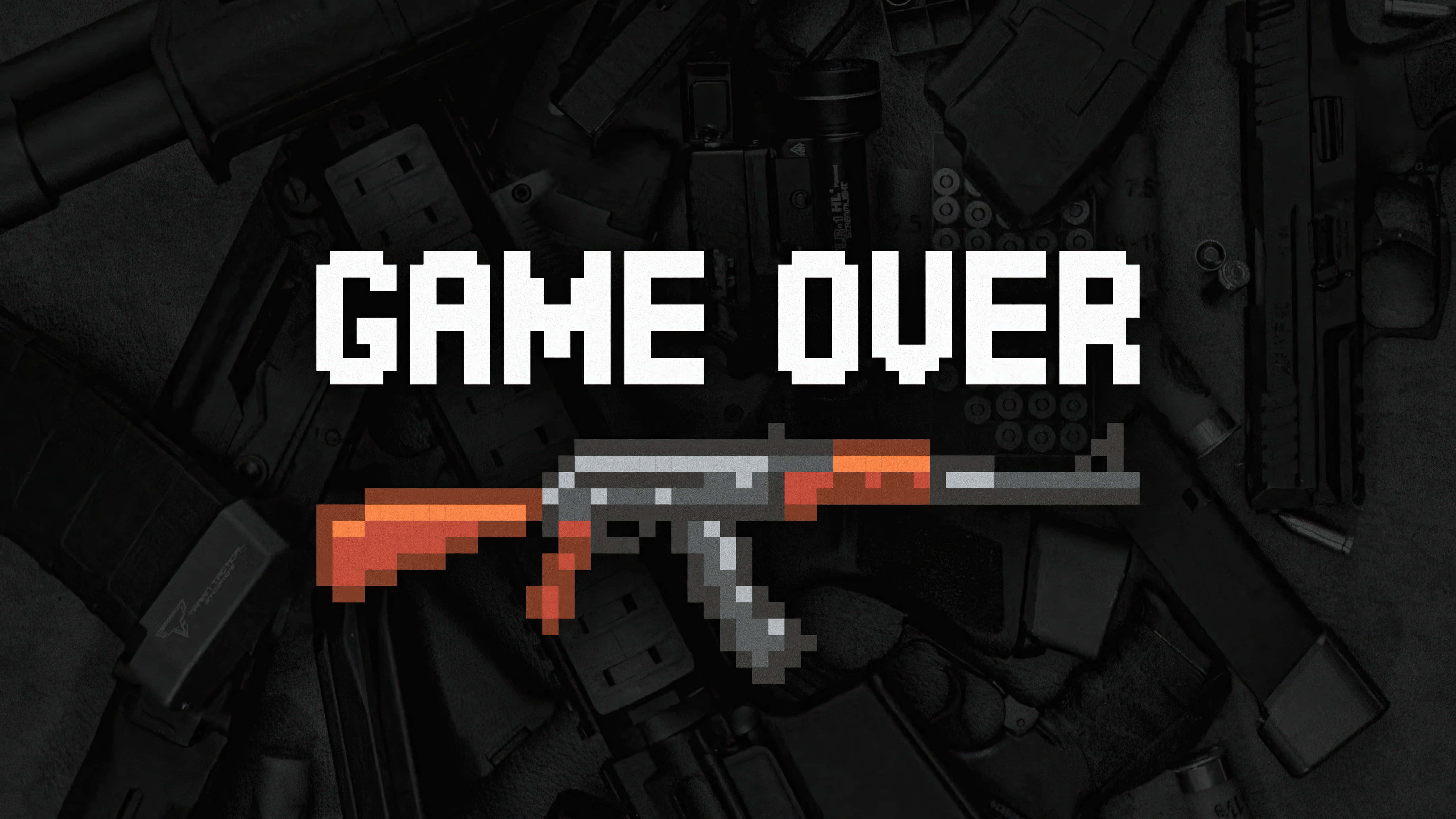 Dark Game Over 桌布 壁紙 — 像素化遊戲結束文字和步槍居中在真實槍械的黑暗堆疊上方。