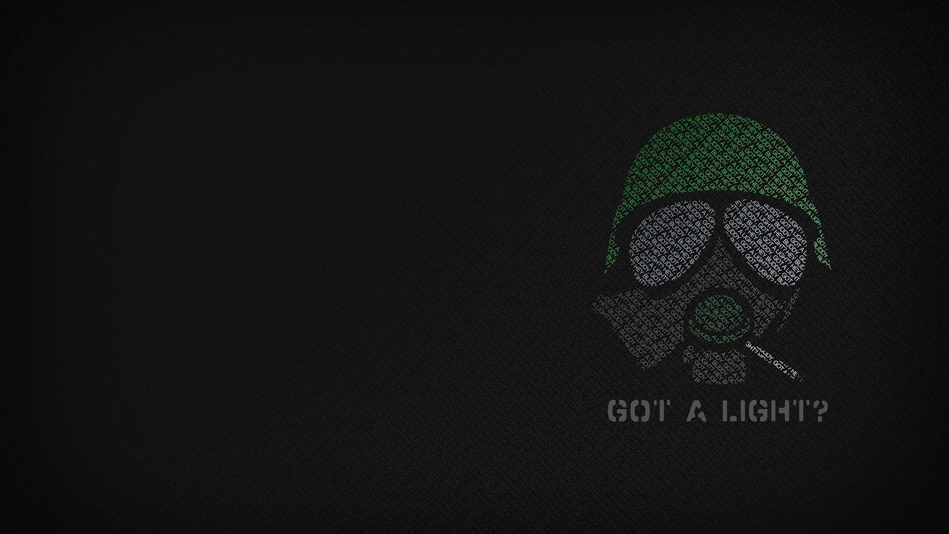 Dark Screen 桌布 壁紙 — 像素化防毒面具，配有綠色頭盔和文字「GOT A LIGHT?」，背景為深色紋理。