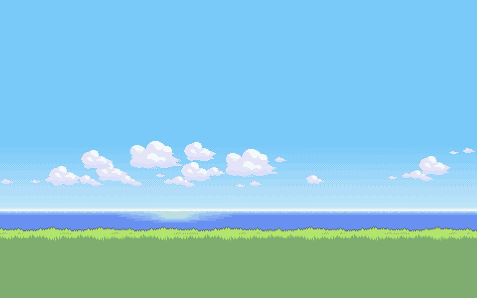Pixel Beach 桌布 壁紙 — 像素化風景，有綠色草地、藍色海洋和蓬鬆的白雲，在清澈的藍天下。