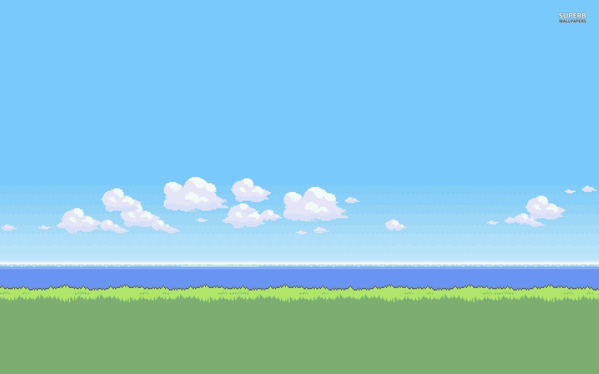 草、海洋和天空與雲的像素藝術場景 — 8 位元 GIF 壁紙