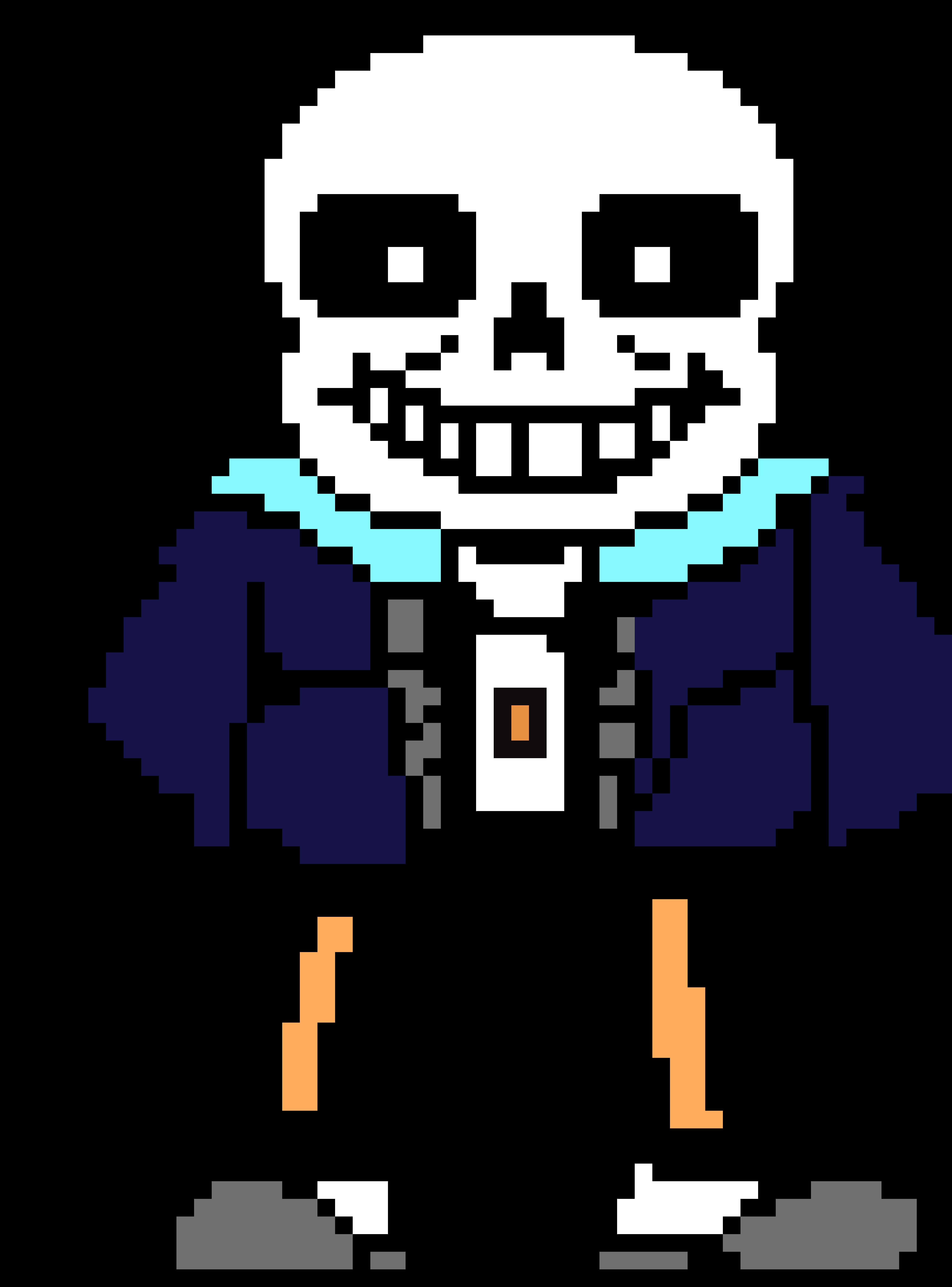 Undertale Sans 桌布 壁紙 — 像素化骷髏角色，咧嘴大笑，身穿藍色外套和橙色褲子，背景為黑色。
