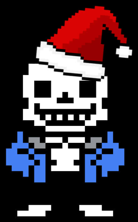 Undertale Sans 桌布 壁紙 — 像素化骷髏角色，戴紅色聖誕帽和藍色手套，背景為黑色。