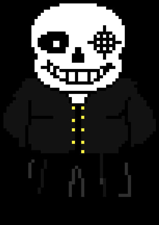 Undertale Sans 桌布 壁紙 — 像素化骷髏角色，缺少一隻眼睛，穿著黃色鈕扣外套，背景為黑色。