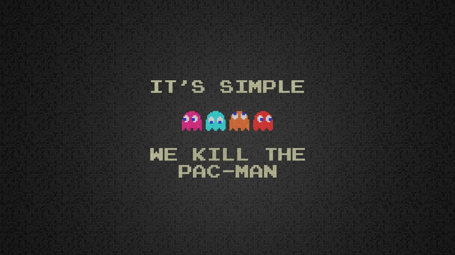 Pacman 桌布 壁紙 — 像素化鬼魂及來自Pac-Man遊戲的文字，置於深色紋理背景上。