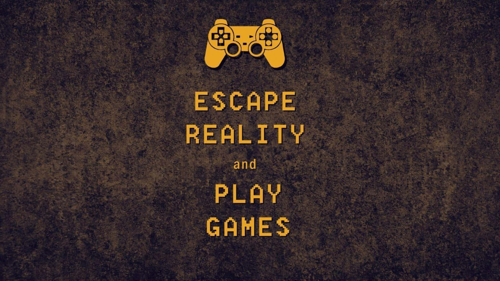 Best Gaming 桌布 壁紙 — 像素化黃色遊戲控制器和文字，位於有紋理的深棕色背景上，邀請玩家逃離現實。