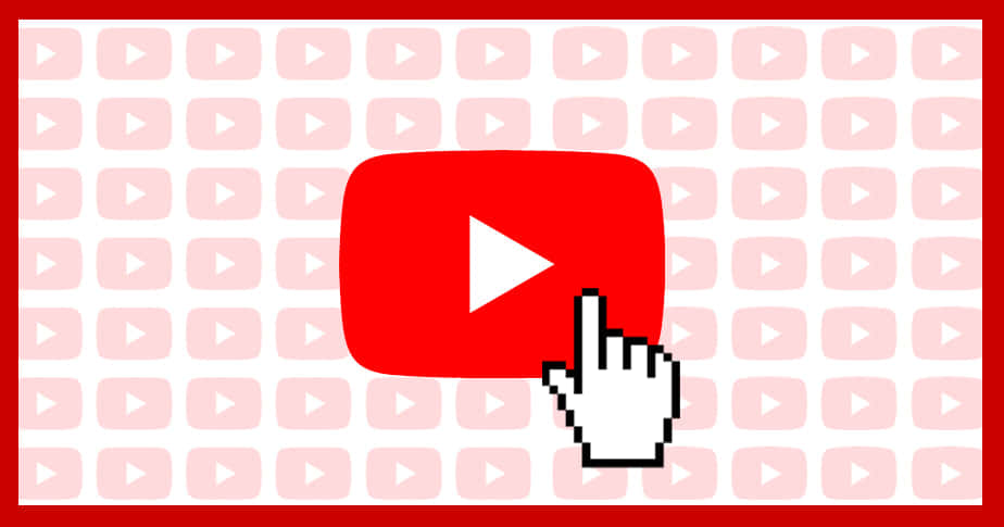 YouTube 桌布 壁紙 — 像素手型游標點擊紅色 YouTube 播放按鈕，背景為重複的標誌圖案。