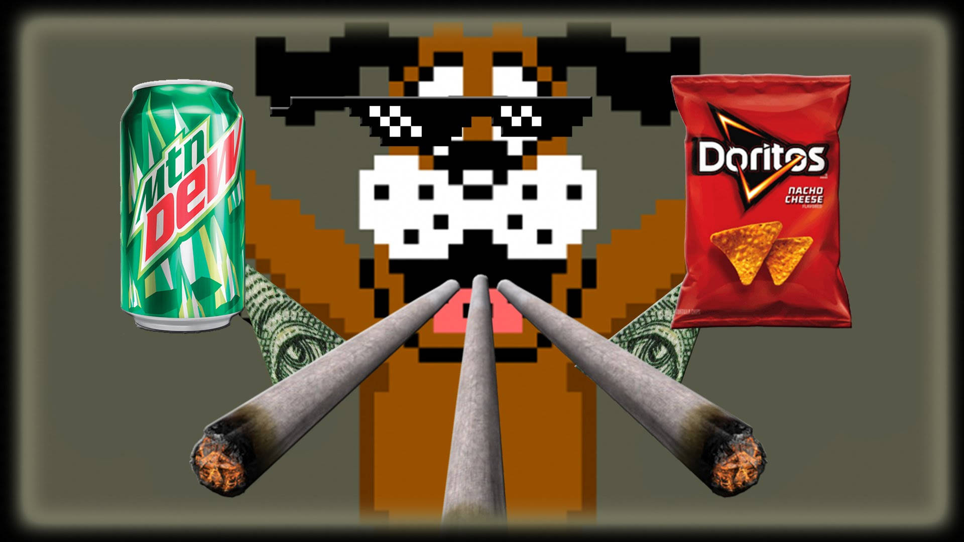 Hunt 桌布 壁紙 — 像素狗戴太陽眼鏡，手持三根點燃的大麻煙，旁邊有Mountain Dew罐和Doritos袋，背景是美元鈔票。